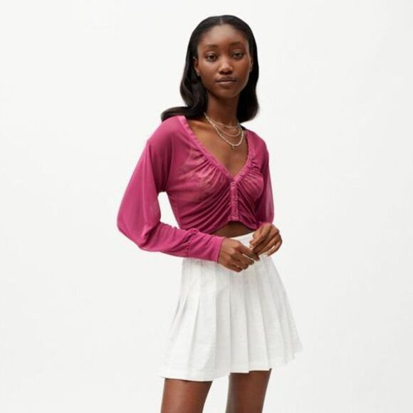 Urban Outfitters Women's UO Cara Mesh Ruched Blouse Purple - Picture 3 of 8